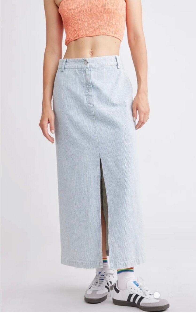 Self Contrast Eliana Skirt Women's Medium Denim Pin Stripe Midi Slit Cotton NWT